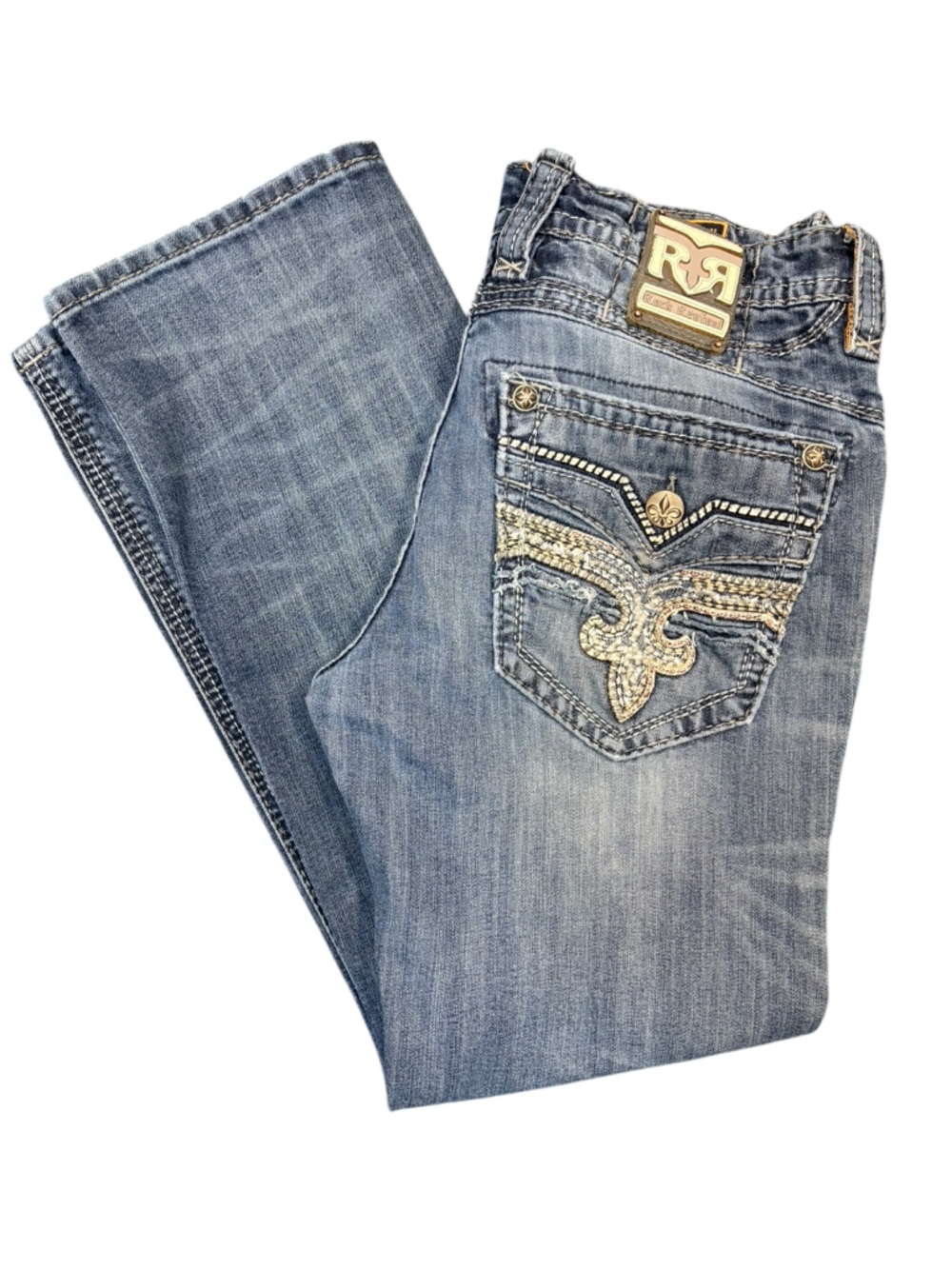 Rock Revival Boot Cut Jean Sz36 Distressed Fleur De Lis Embroidered Thick Stitch